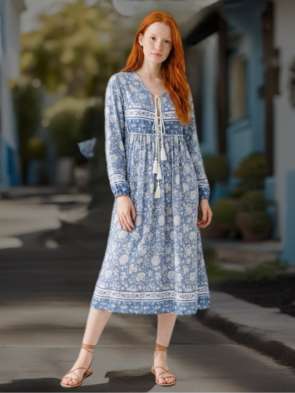 Blue Floral Tie-Front Long Sleeve Midi Dress